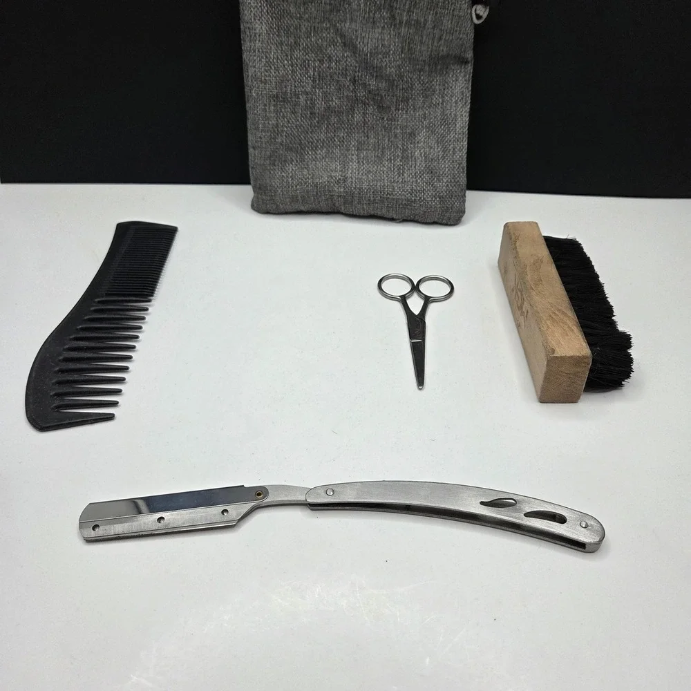 Beard Grooming Kit Straight Razor Scissors Brush Comb Set Silver Black
